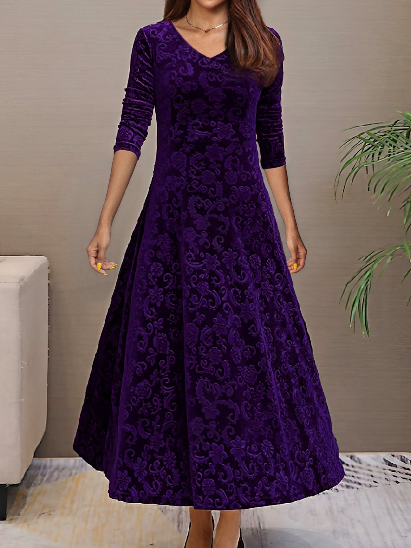 Women's Velvet A-Line Midi Dress – Elegant V-Neck, 3/4 Sleeve, Floral Pattern, Perfect for Semi-Formal Events