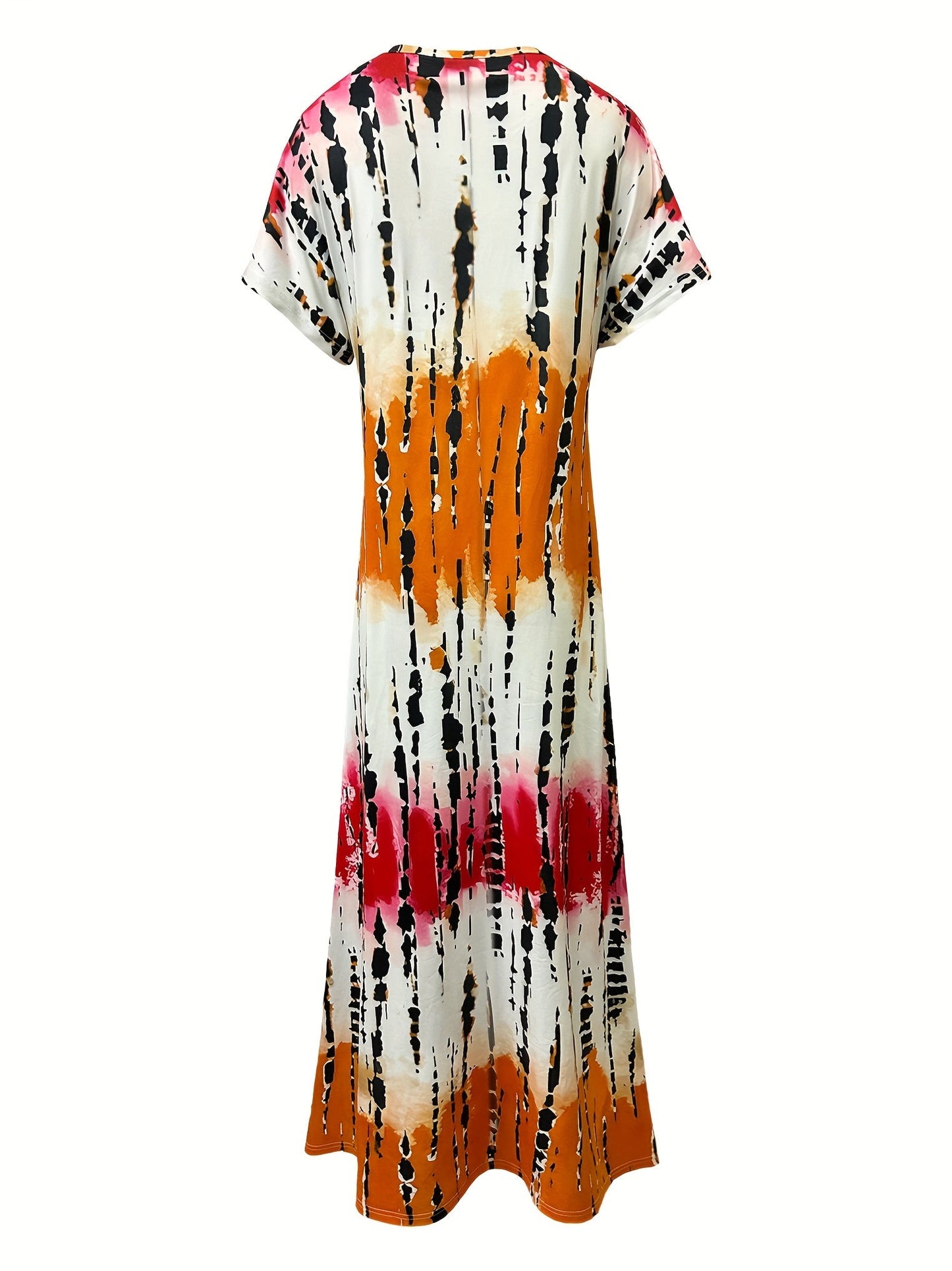 Women's Abstract Print Maxi Dress – V-Neck, Short Sleeve, Relaxed Fit, Side Slits, Rayon Blend