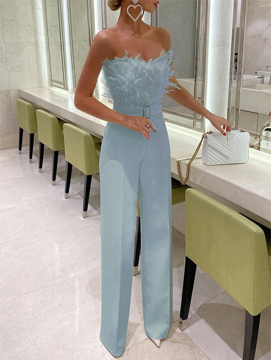 Grace | Elegant Feather Strapless Jumpsuit Slim Fit White Corset One-Piece