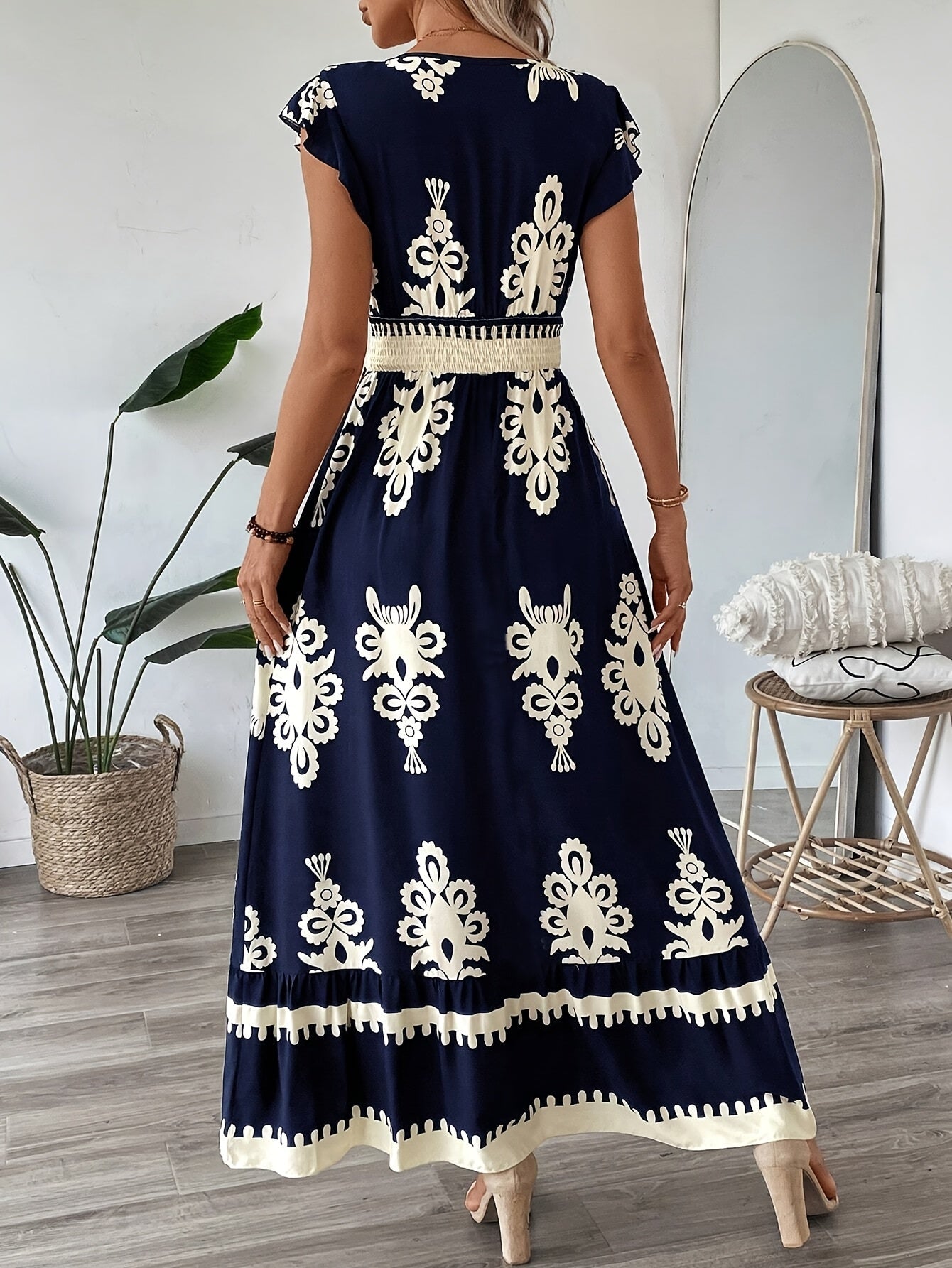 Women's Floral Geometric Maxi Dress – V-Neck, Short Sleeve, Elastic Waist, Summer Style