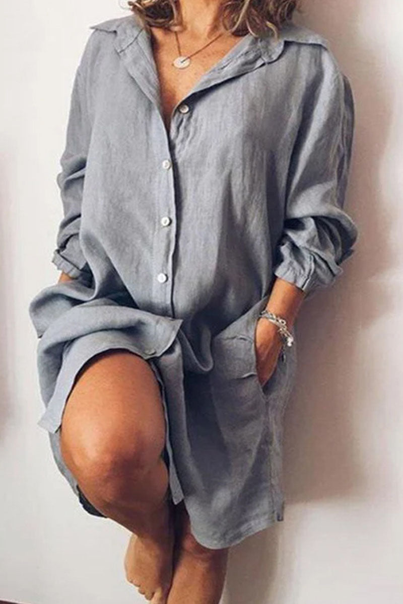 Women's Long Sleeve Shirt Dress – Relaxed Fit, Knee-Length, Double Pockets, Polyester