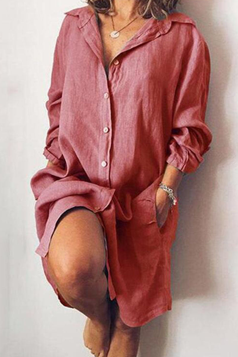 Women's Long Sleeve Shirt Dress – Relaxed Fit, Knee-Length, Double Pockets, Polyester