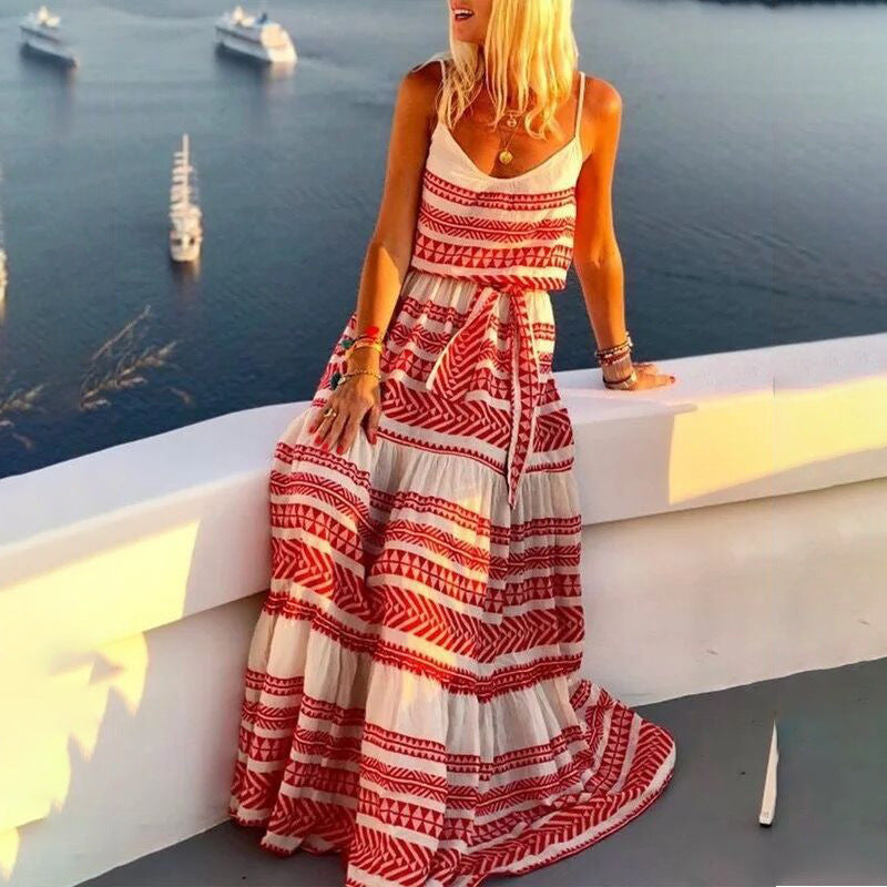 Women's Bohemian Maxi Dress – Tiered Design, Spaghetti Straps, Flowing Fit, Breathable Cotton Blend, Summer Ready