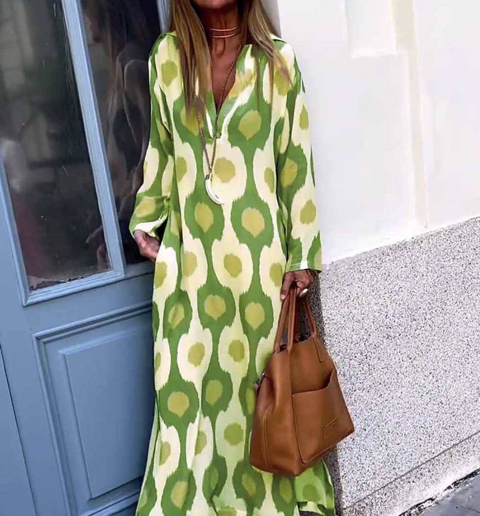 Variant image for Women's Abstract Print Maxi Dress – V-Neck, Long Sleeve, Relaxed Fit, Lightweight-9