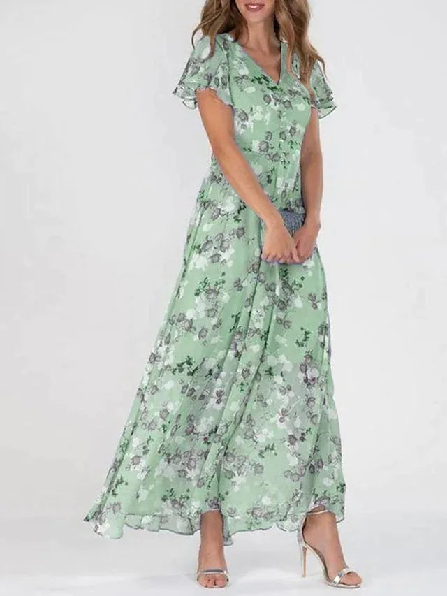 Variant image for Women's Floral Maxi Dress – Elegant V-Neck, A-Line Fit, Short Flutter Sleeves, Lightweight Chiffon-12