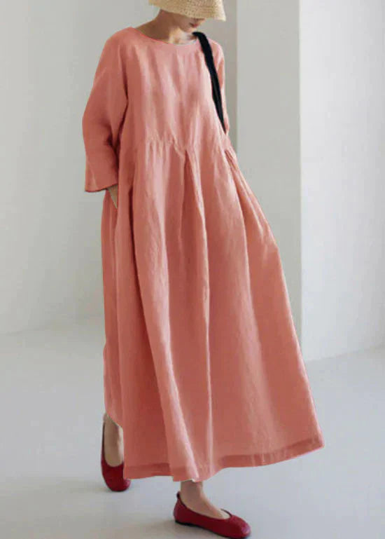 Women's Casual Maxi Dress – Lightweight Cotton, Loose Fit, Long Sleeve, Round Neckline