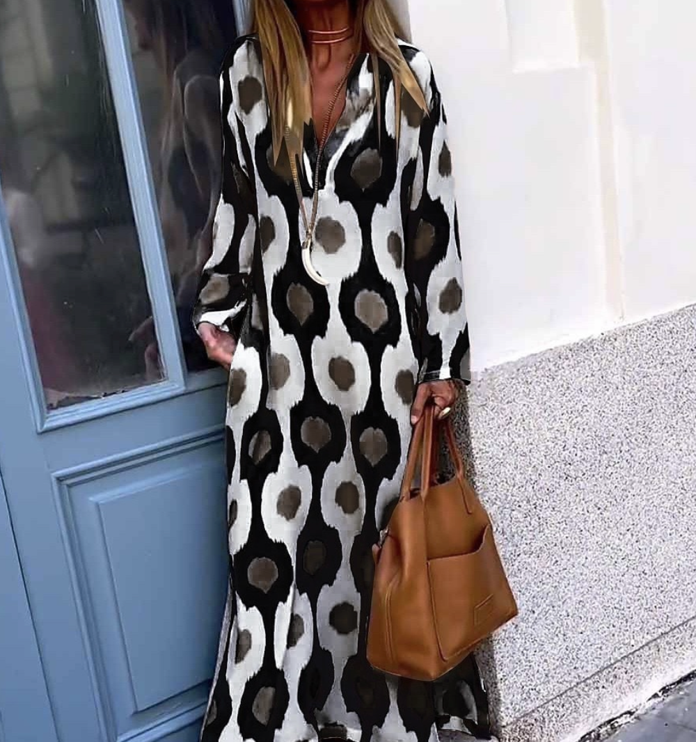 Women's Abstract Print Maxi Dress – V-Neck, Long Sleeve, Relaxed Fit, Lightweight