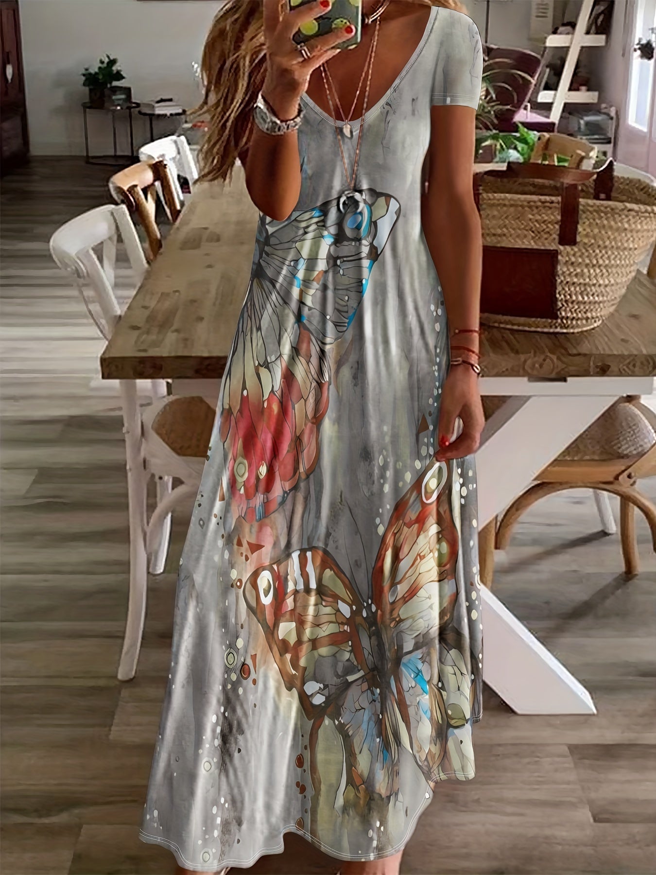 Variant image for Women's Butterfly Print Maxi Dress – Sleeveless V-Neck, Flowing Fit, Lightweight Viscose, Summer Ready-43