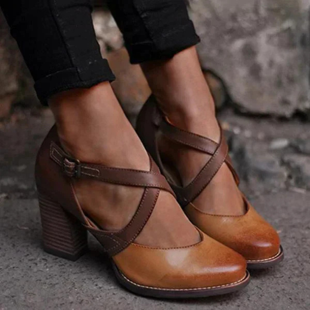 Women's Vintage Block Heels – Elegant Cross Belt Design, Adjustable Buckle, Comfortable Fit