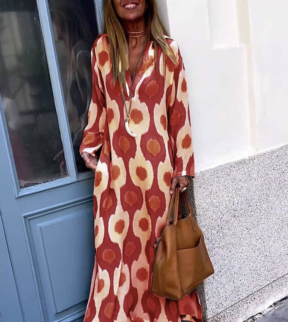 Variant image for Women's Abstract Print Maxi Dress – V-Neck, Long Sleeve, Relaxed Fit, Lightweight-25