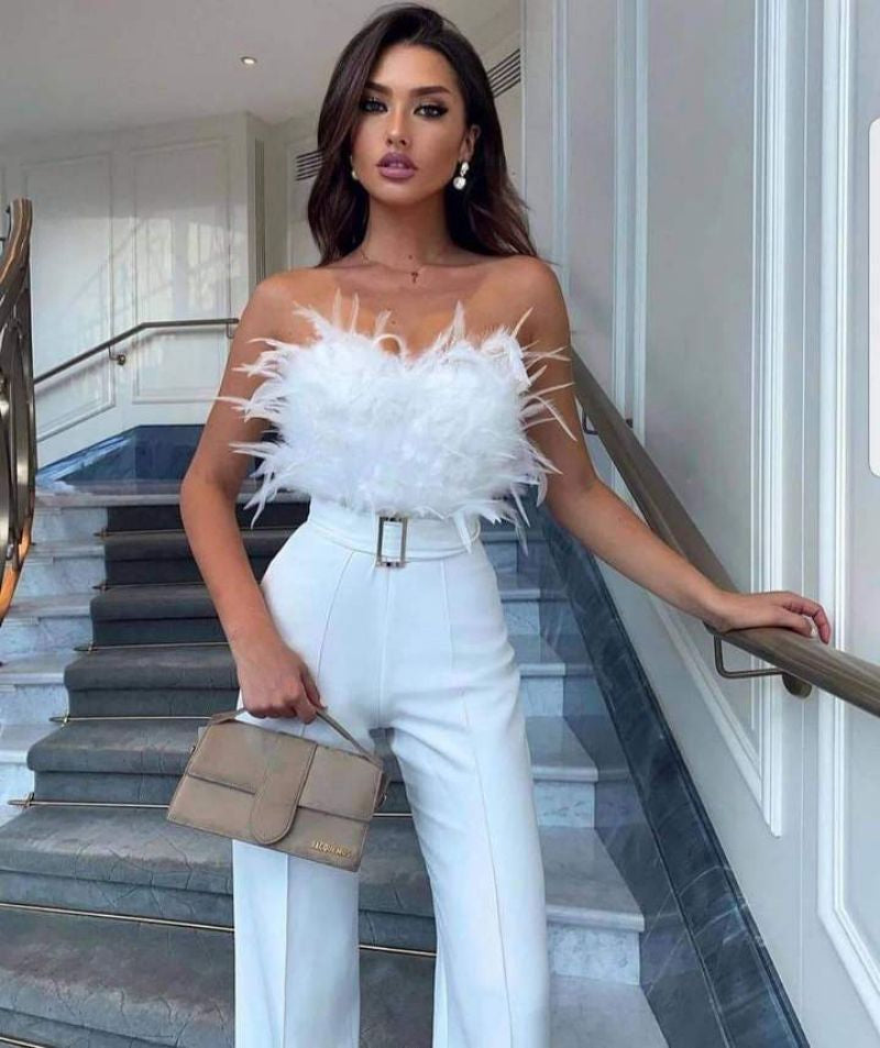 Grace | Elegant Feather Strapless Jumpsuit Slim Fit White Corset One-Piece