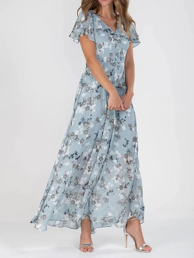 Variant image for Women's Floral Maxi Dress – Elegant V-Neck, A-Line Fit, Short Flutter Sleeves, Lightweight Chiffon-1