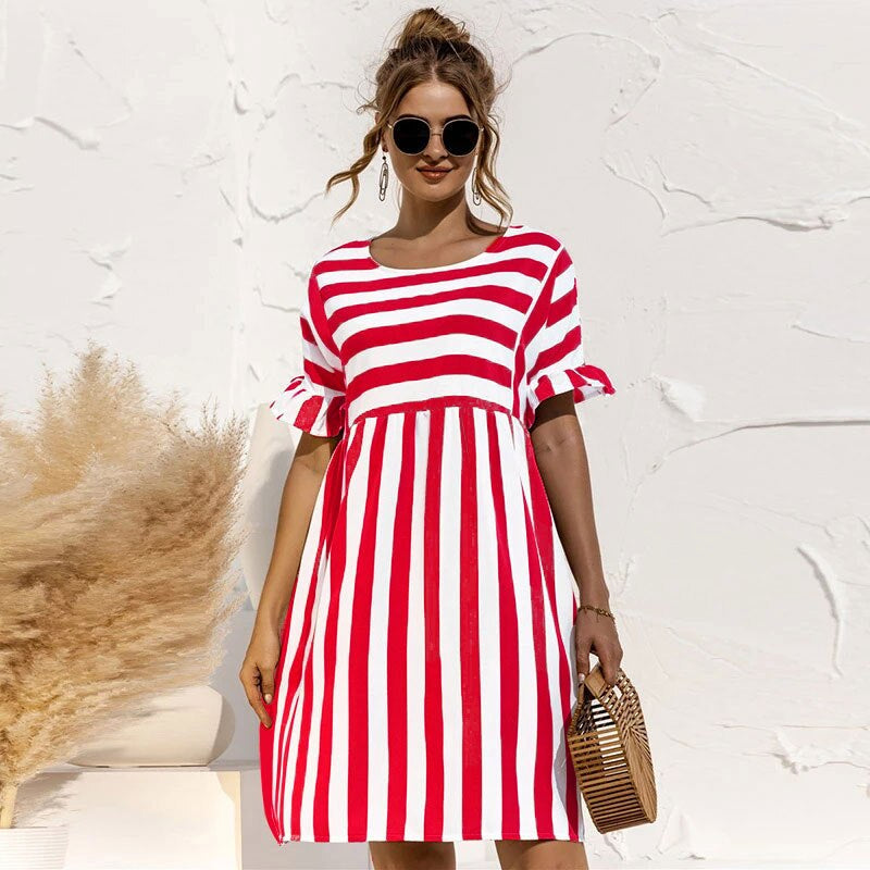 Variant image for Women's Striped Summer Dress – Relaxed Fit, Knee-Length, Short Sleeve with Ruffle Detail, Breathable Cotton-29