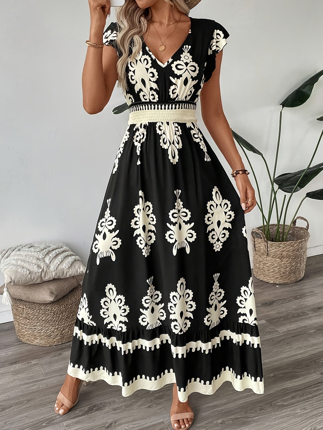 Women's Floral Geometric Maxi Dress – V-Neck, Short Sleeve, Elastic Waist, Summer Style