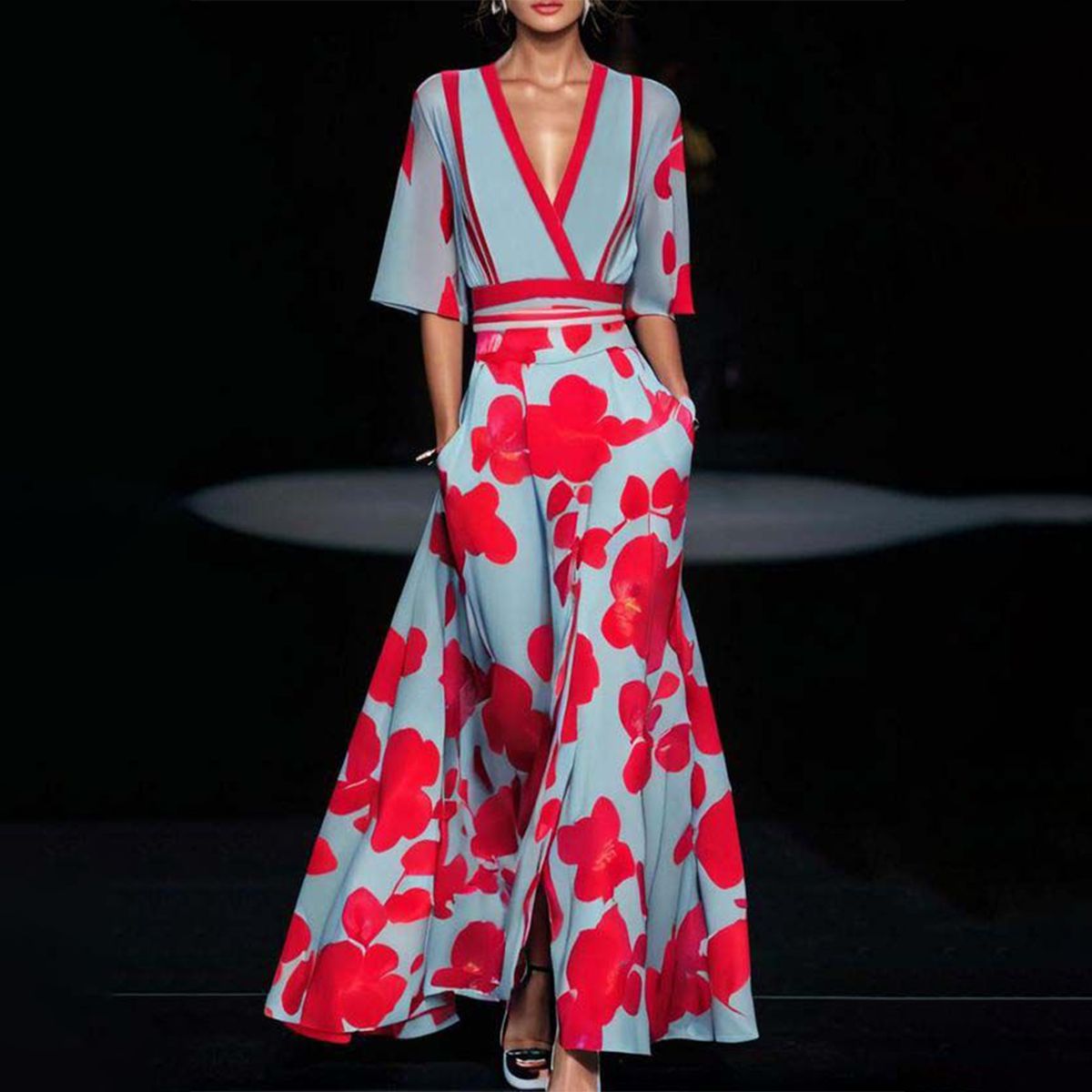 Variant image for Women's Floral Maxi Dress – Elegant Deep V-Neck, Elbow Sleeves, Fitted Waist, Flowing Skirt, Summer Ready-1