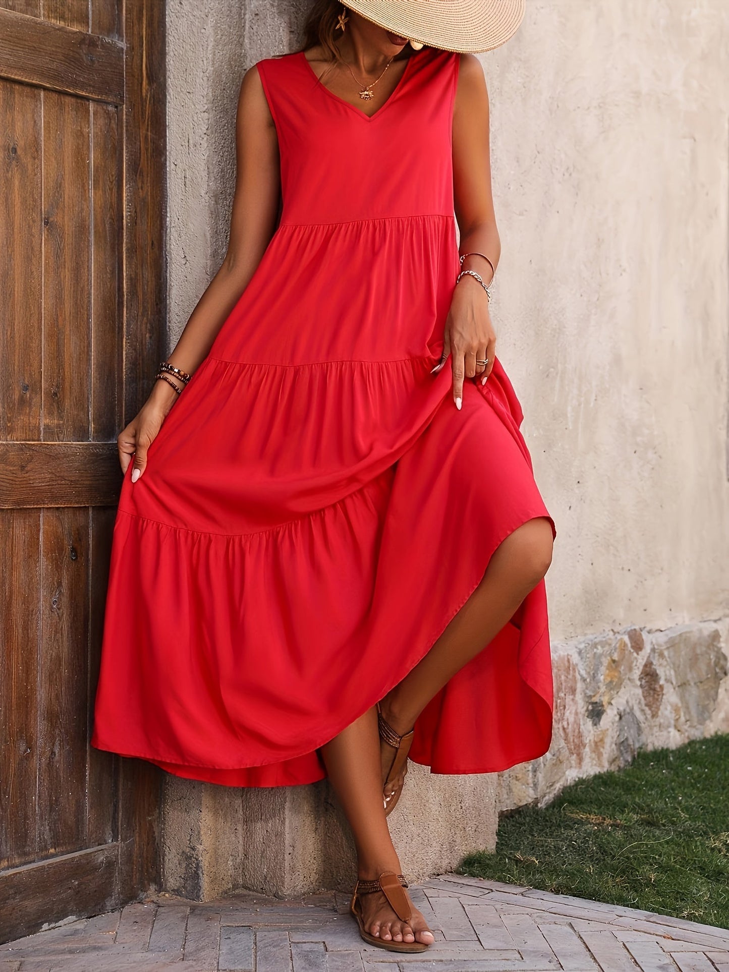 Women's Maxi Dress – Sleeveless V-Neck, Flowing Fit, Tiered Design, Perfect for Summer