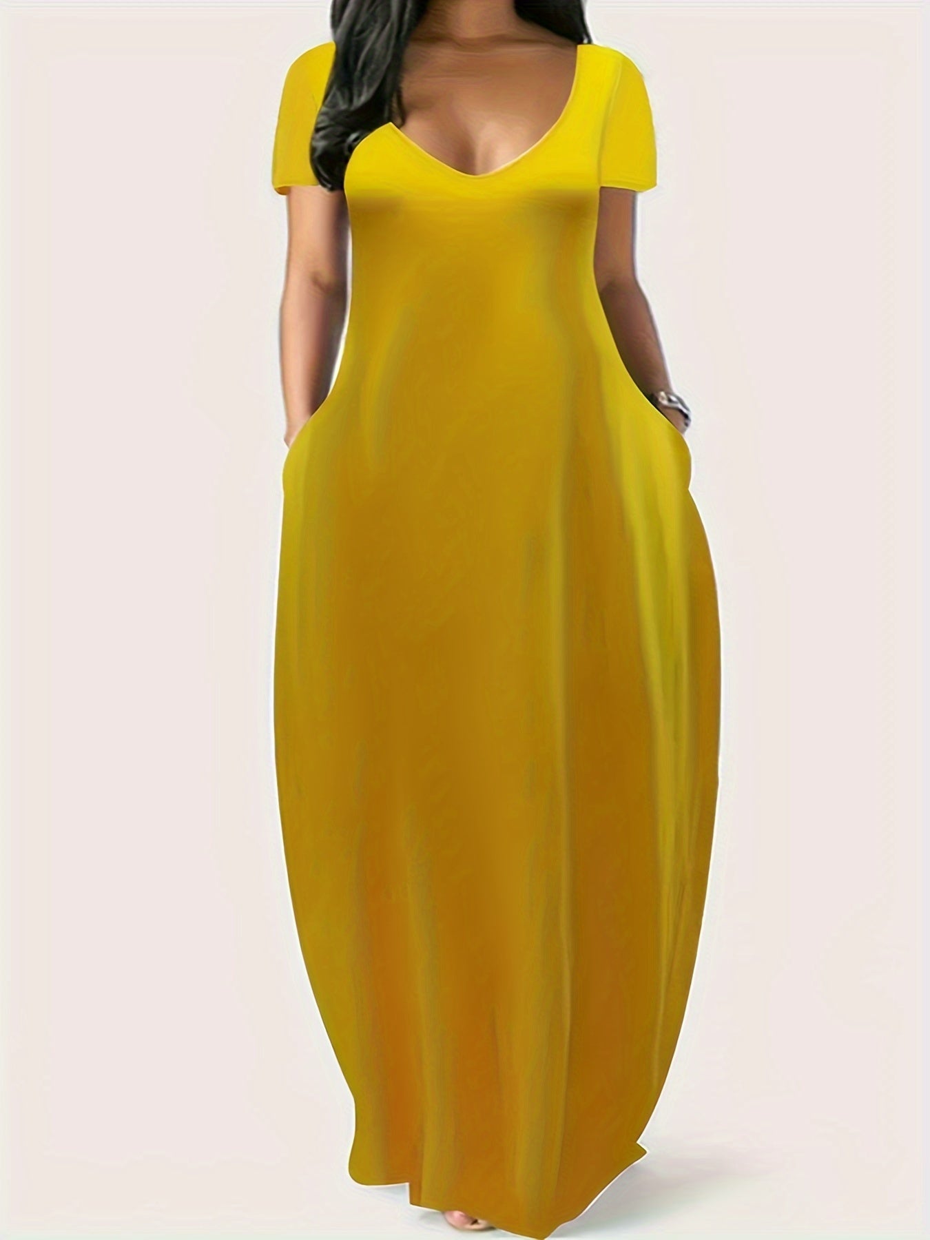 Women's Flowy Maxi Dress – Lightweight V-Neck, Short Sleeve, Pockets, Perfect for Summer
