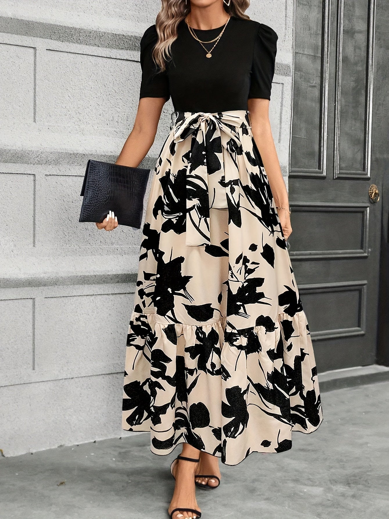 Variant image for Women's Floral Maxi Dress – Puff Short Sleeve, A-Line Fit, Cotton, Perfect for Summer-1