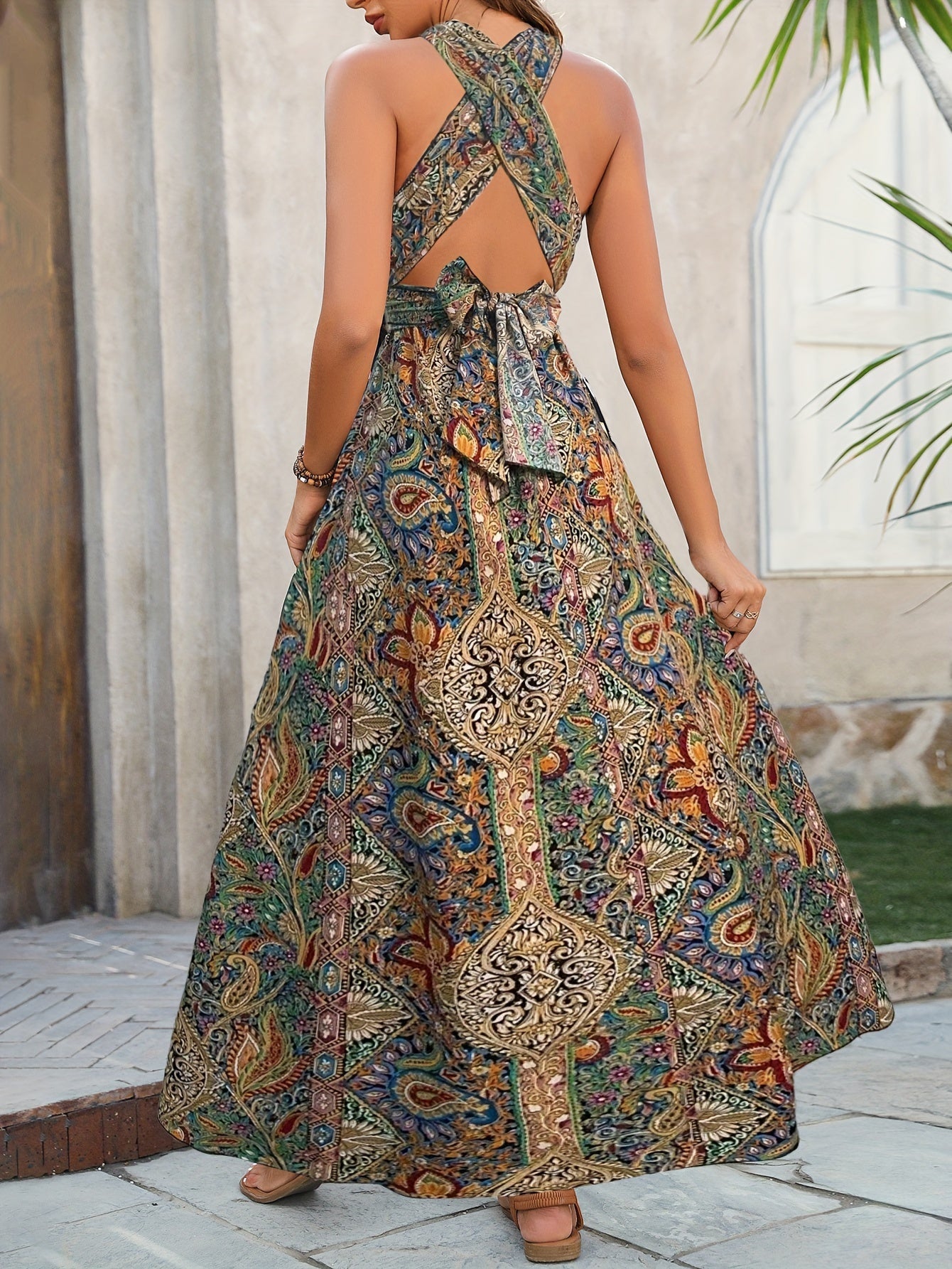 Women's Paisley Maxi Dress – Elegant Open Back, Lightweight, Summer Ready