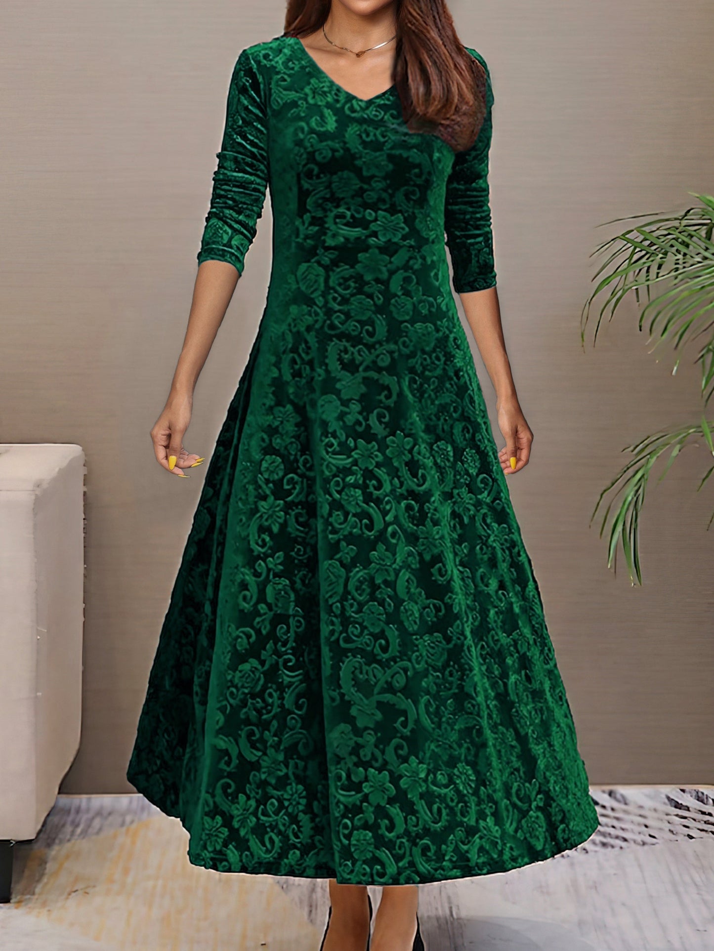 Women's Velvet A-Line Midi Dress – Elegant V-Neck, 3/4 Sleeve, Floral Pattern, Perfect for Semi-Formal Events