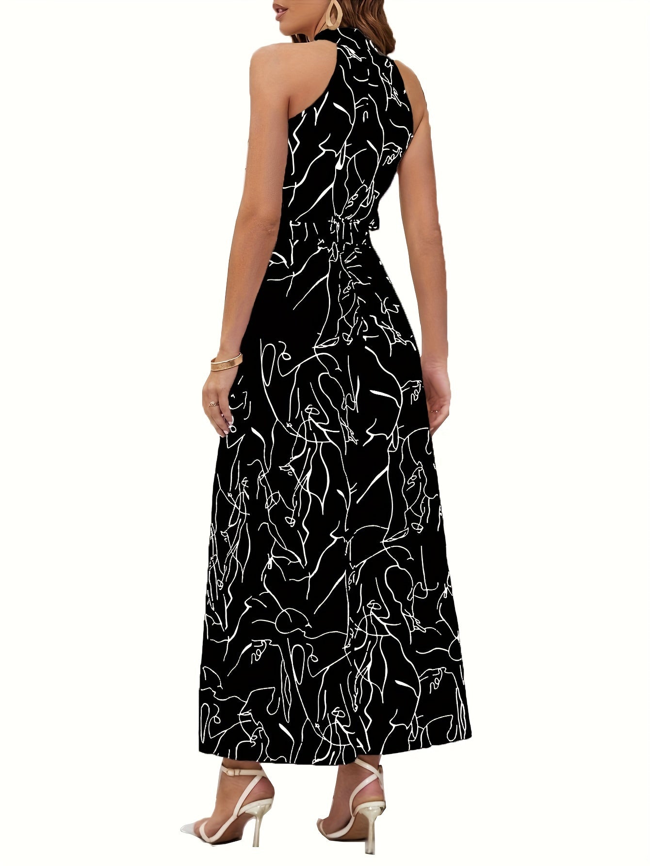 Women's Black Maxi Dress – Elegant Halter Neck, Fitted Waist, Abstract Print, Flowing Silhouette