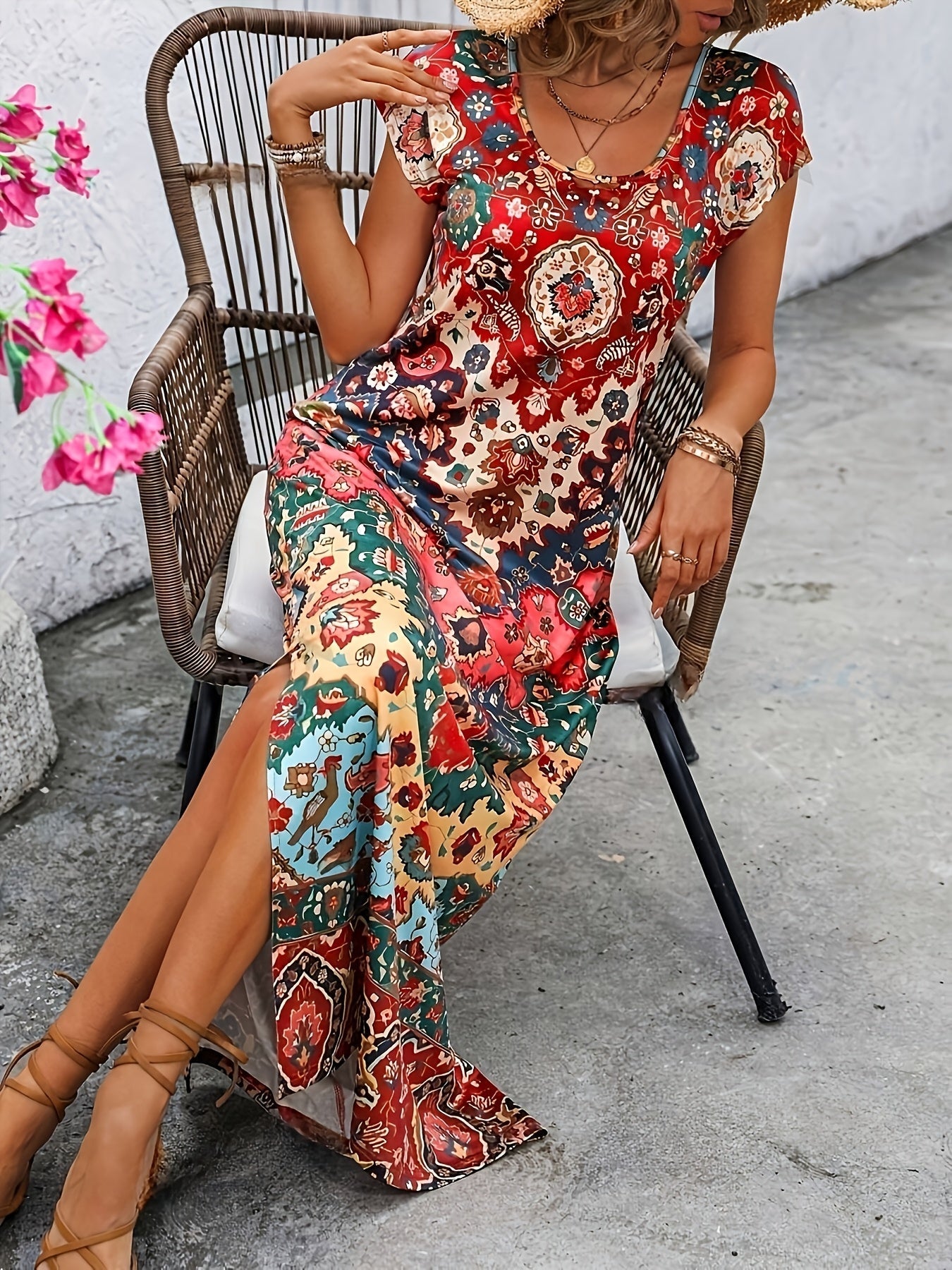 Women's Bohemian Maxi Dress – Short Sleeve, Scoop Neck, Side Slit, Rayon Blend, Summer Style