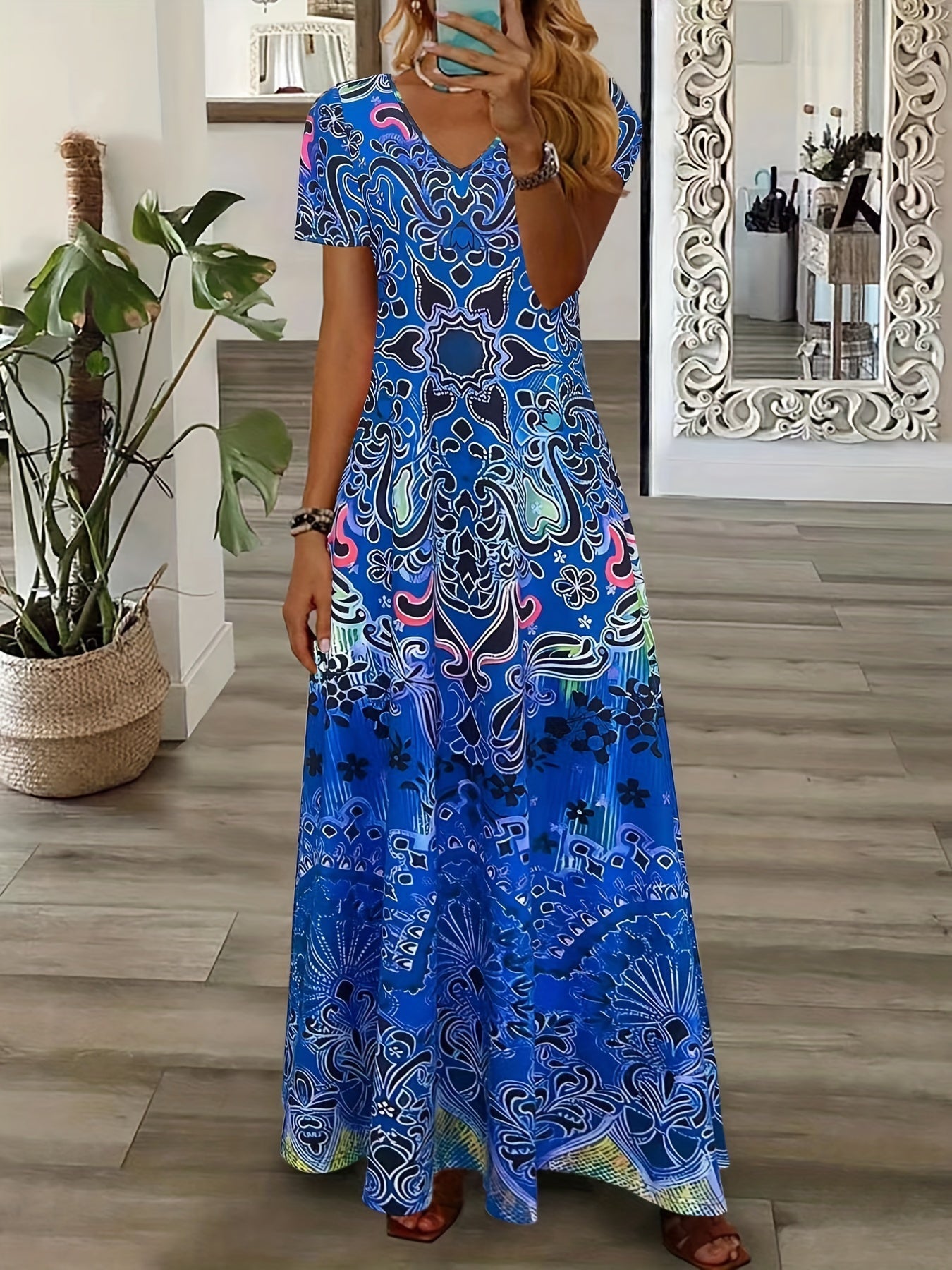 Variant image for Women's Maxi Dress – Elegant V-Neck, Short Sleeve, Relaxed Fit, Ornate Pattern, Summer Ready-11