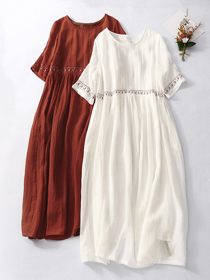 Women's Embroidered White Summer Dress – Breathable Cotton Linen, Relaxed Fit