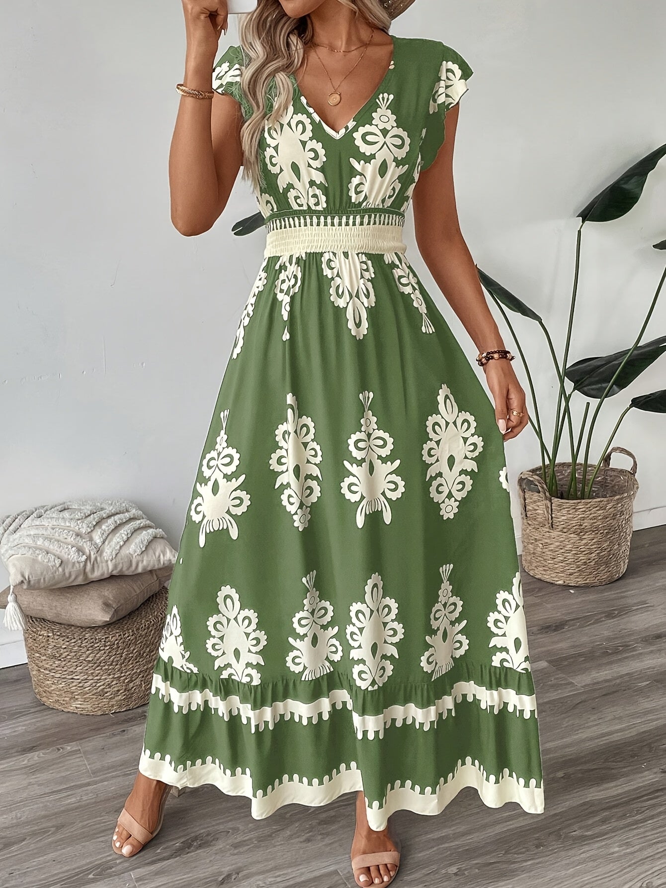 Variant image for Women's Floral Geometric Maxi Dress – V-Neck, Short Sleeve, Elastic Waist, Summer Style-1