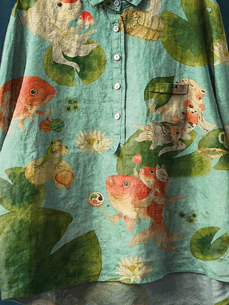 Zara | Women's Fish Print Tee Breathable, Artistic Long Sleeve Shirt