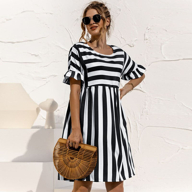 Variant image for Women's Striped Summer Dress – Relaxed Fit, Knee-Length, Short Sleeve with Ruffle Detail, Breathable Cotton-36