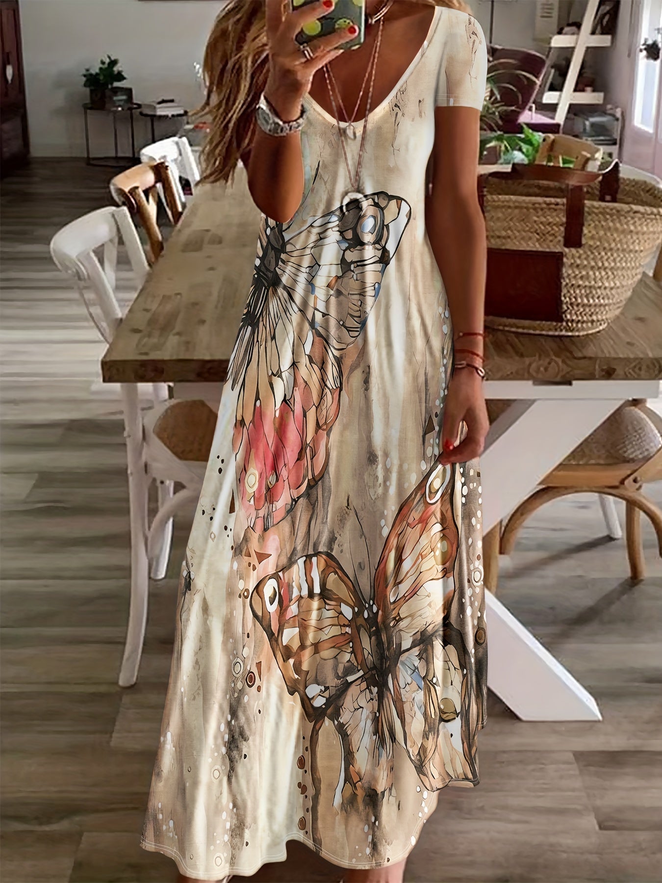 Variant image for Women's Butterfly Print Maxi Dress – Sleeveless V-Neck, Flowing Fit, Lightweight Viscose, Summer Ready-15