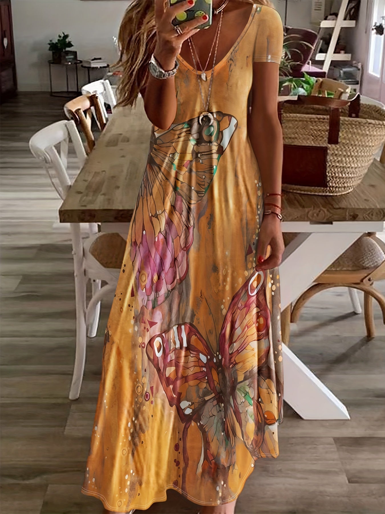 Variant image for Women's Butterfly Print Maxi Dress – Sleeveless V-Neck, Flowing Fit, Lightweight Viscose, Summer Ready-8