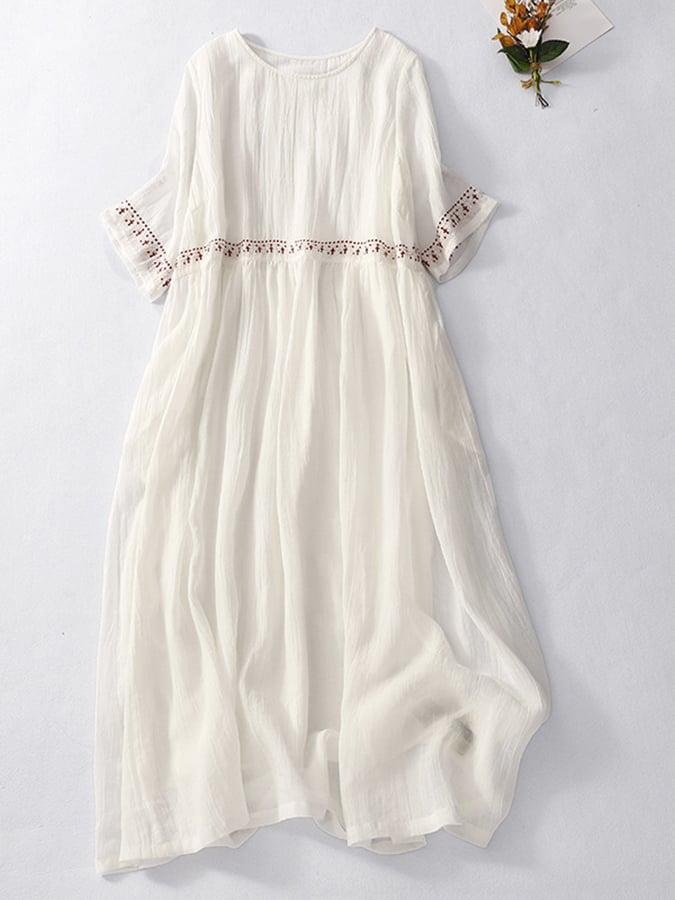 Women's Embroidered White Summer Dress – Breathable Cotton Linen, Relaxed Fit