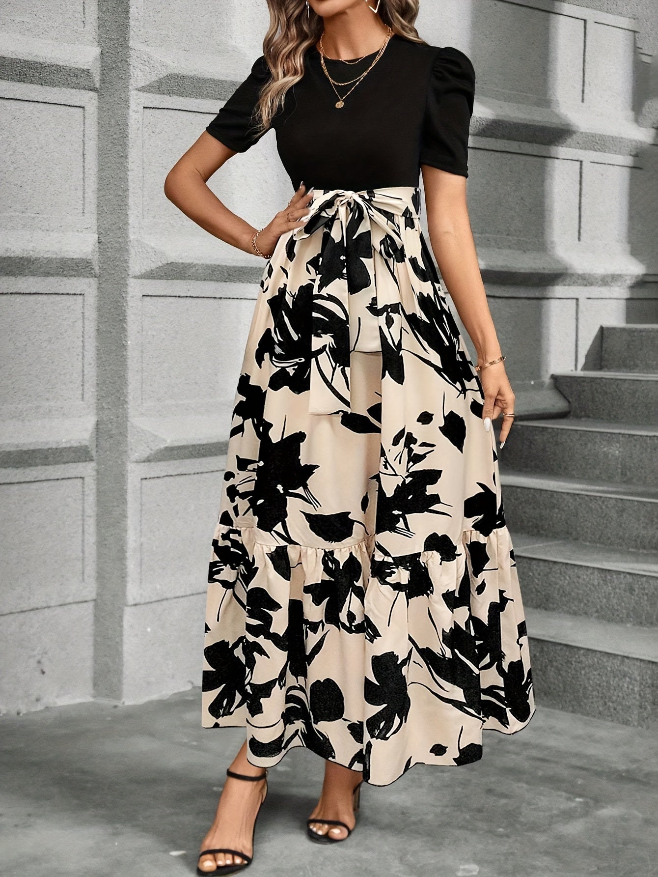 Women's Floral Maxi Dress – Puff Short Sleeve, A-Line Fit, Cotton, Perfect for Summer