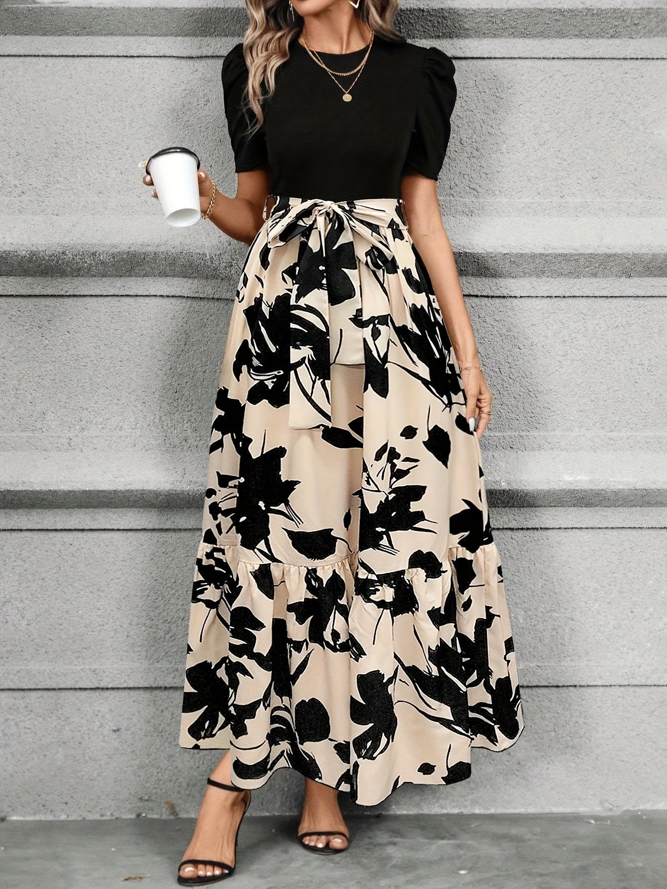Women's Floral Maxi Dress – Puff Short Sleeve, A-Line Fit, Cotton, Perfect for Summer