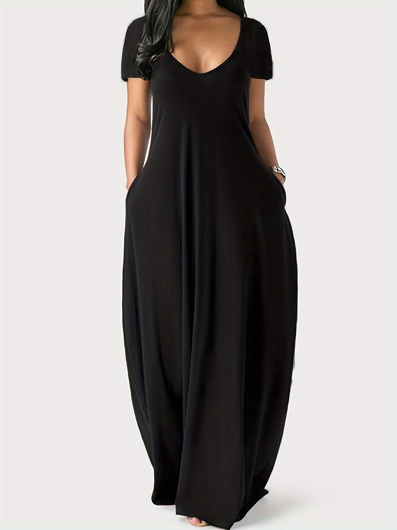 Women's Flowy Maxi Dress – Lightweight V-Neck, Short Sleeve, Pockets, Perfect for Summer