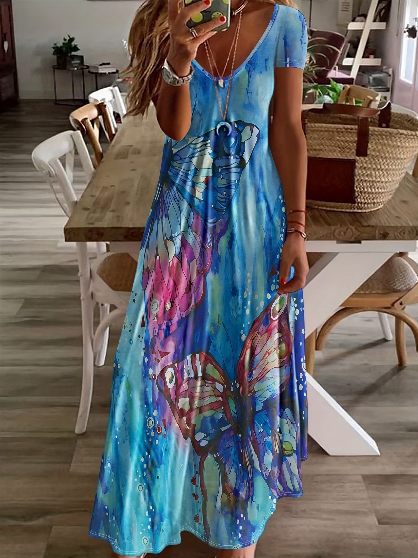 Variant image for Women's Butterfly Print Maxi Dress – Sleeveless V-Neck, Flowing Fit, Lightweight Viscose, Summer Ready-22