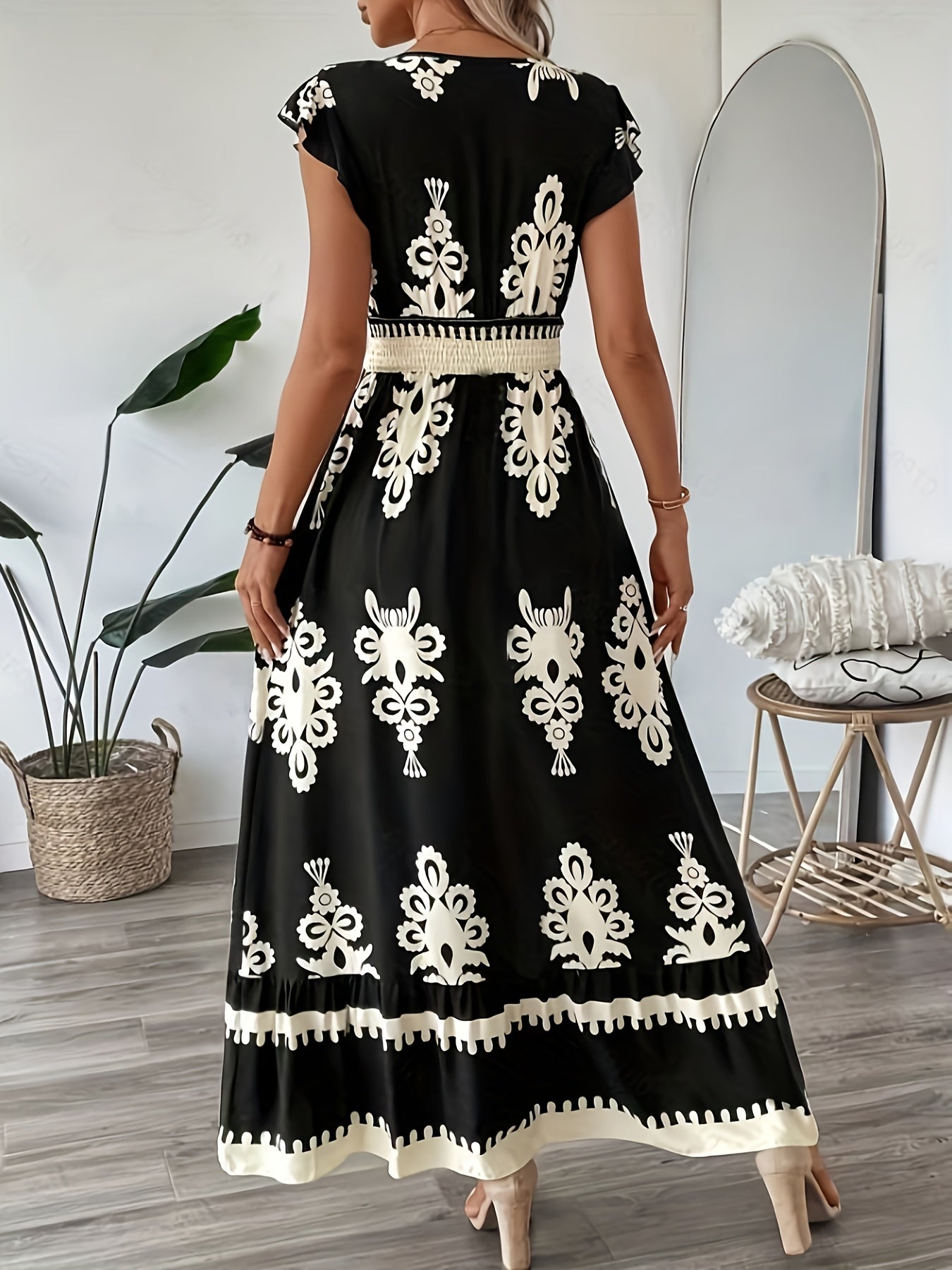 Women's Floral Geometric Maxi Dress – V-Neck, Short Sleeve, Elastic Waist, Summer Style