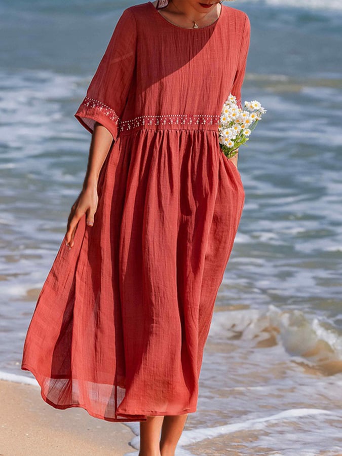 Women's Embroidered White Summer Dress – Breathable Cotton Linen, Relaxed Fit