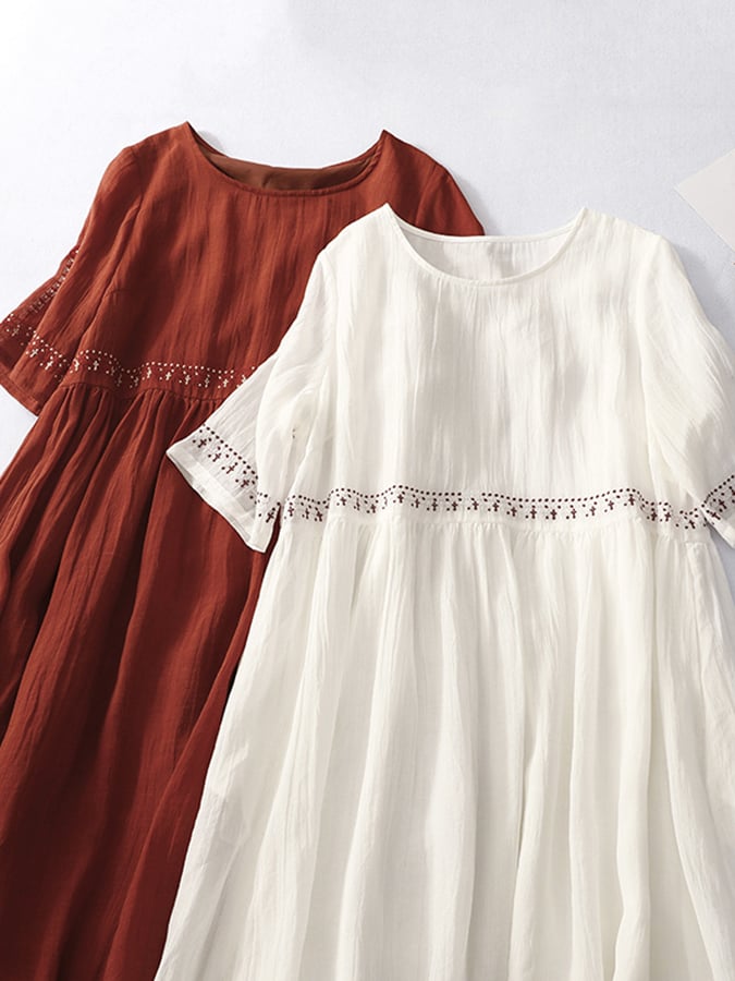 Women's Embroidered White Summer Dress – Breathable Cotton Linen, Relaxed Fit