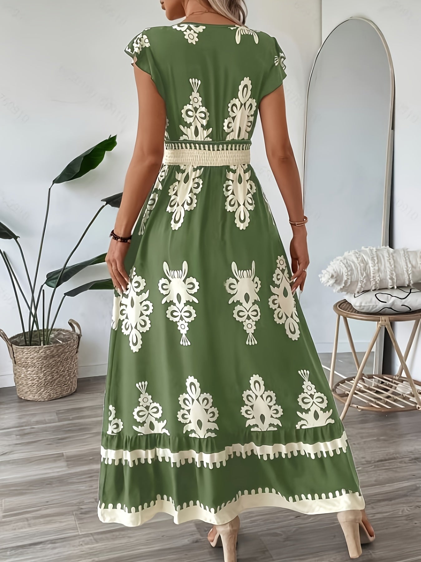 Women's Floral Geometric Maxi Dress – V-Neck, Short Sleeve, Elastic Waist, Summer Style