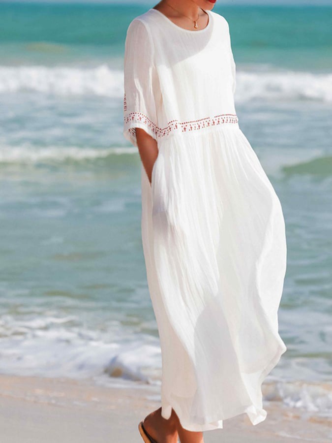 Variant image for Women's Embroidered White Summer Dress – Breathable Cotton Linen, Relaxed Fit-1
