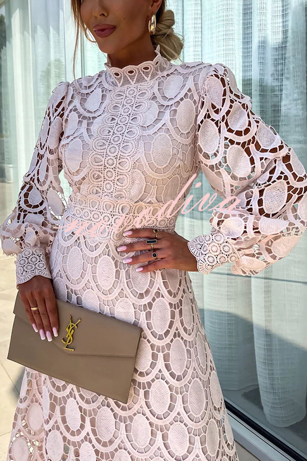 Daisy | Elegant Lace Midi Dress Puff Sleeve High Neck A-Line Cocktail Dress