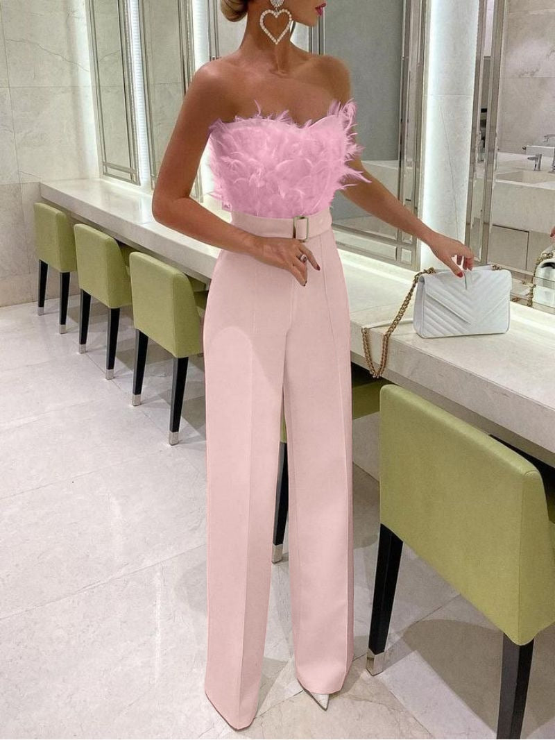 Grace | Elegant Feather Strapless Jumpsuit Slim Fit White Corset One-Piece
