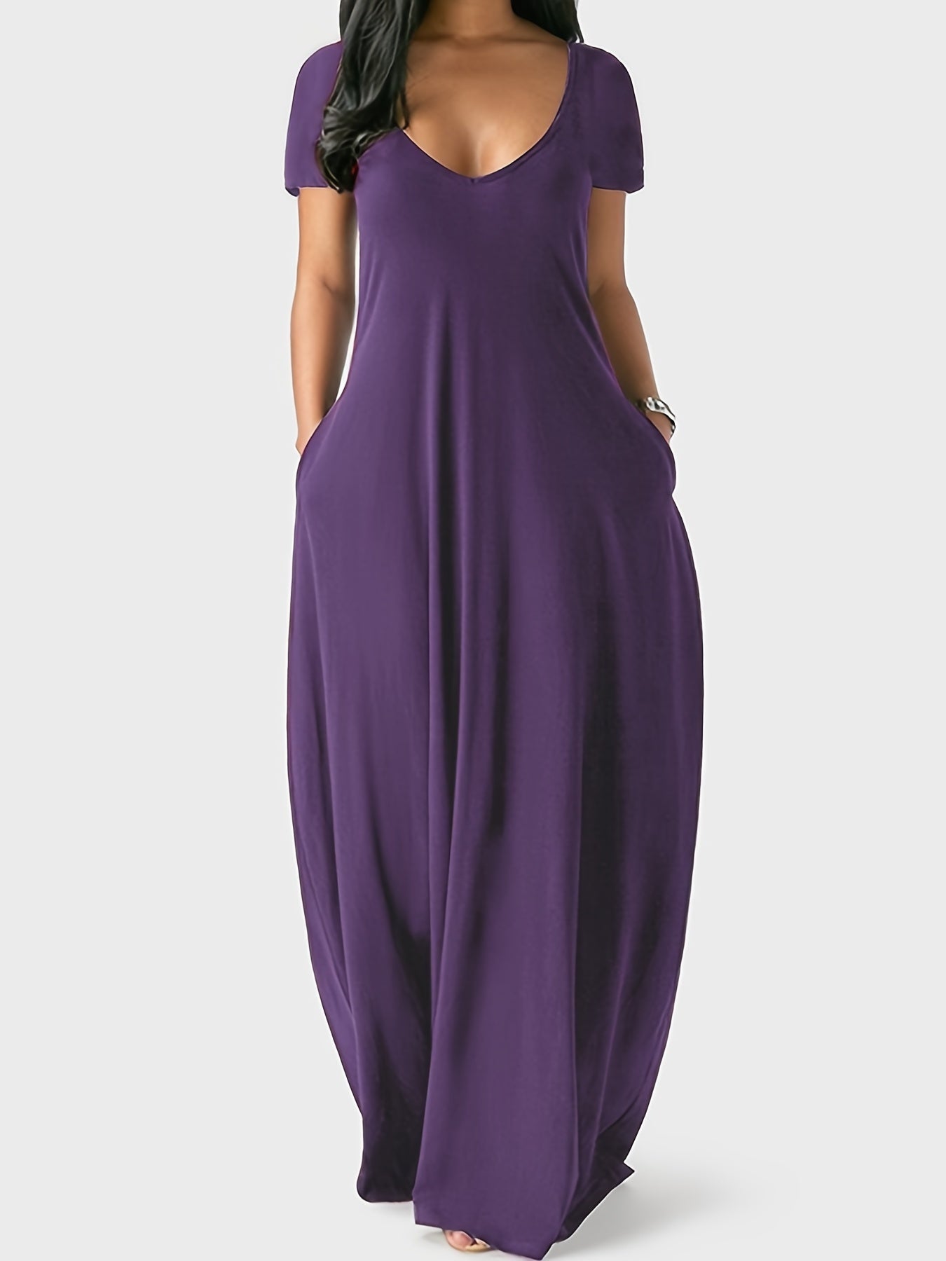 Women's Flowy Maxi Dress – Lightweight V-Neck, Short Sleeve, Pockets, Perfect for Summer