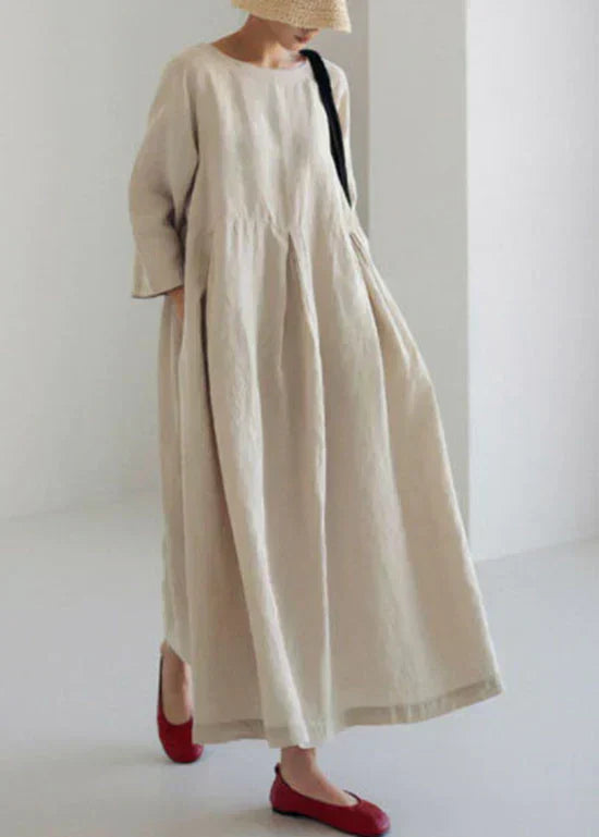 Women's Casual Maxi Dress – Lightweight Cotton, Loose Fit, Long Sleeve, Round Neckline