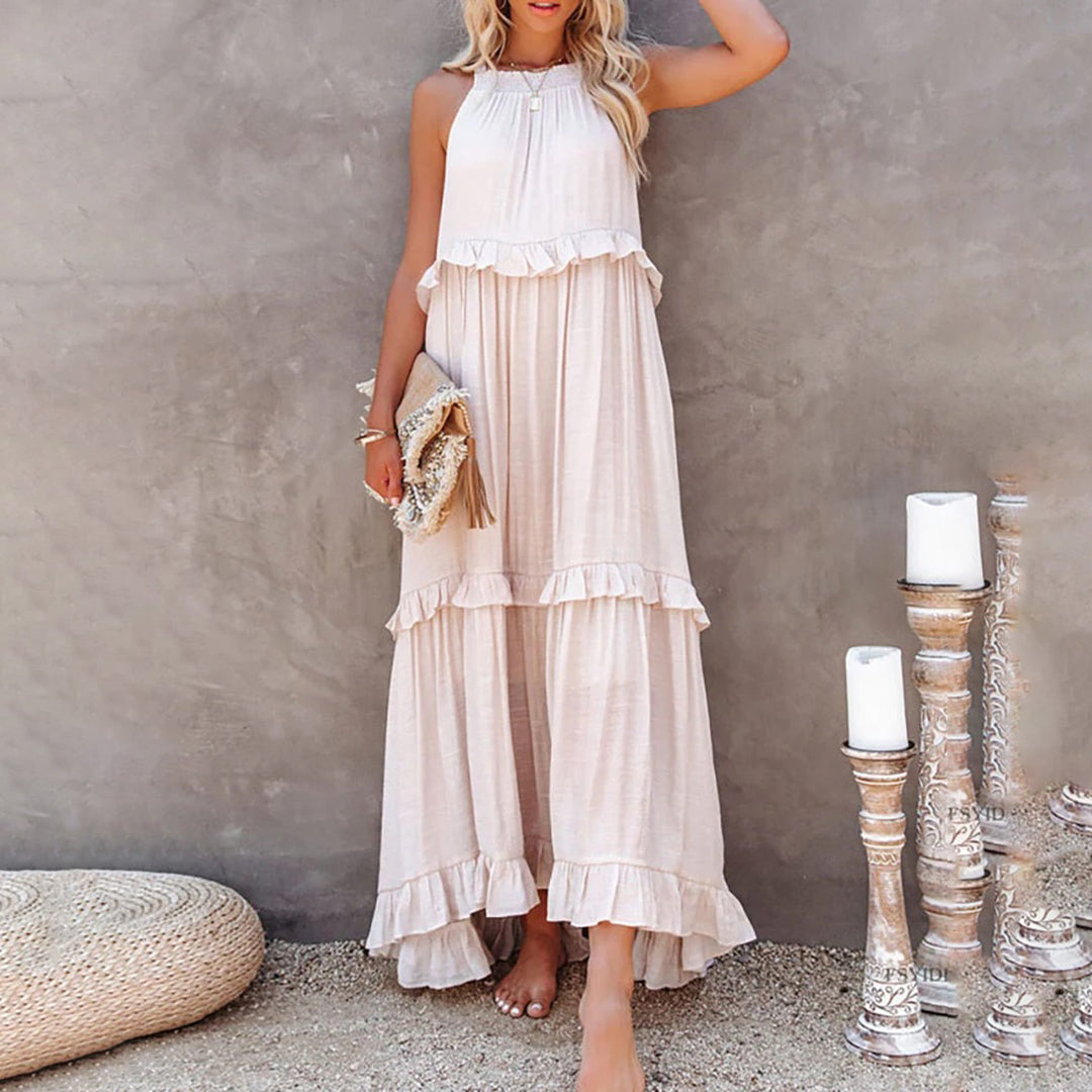 Variant image for Women's White Maxi Dress – Sleeveless Halter Neck, Ruffle Tiered A-Line, Lightweight Cotton Blend-6