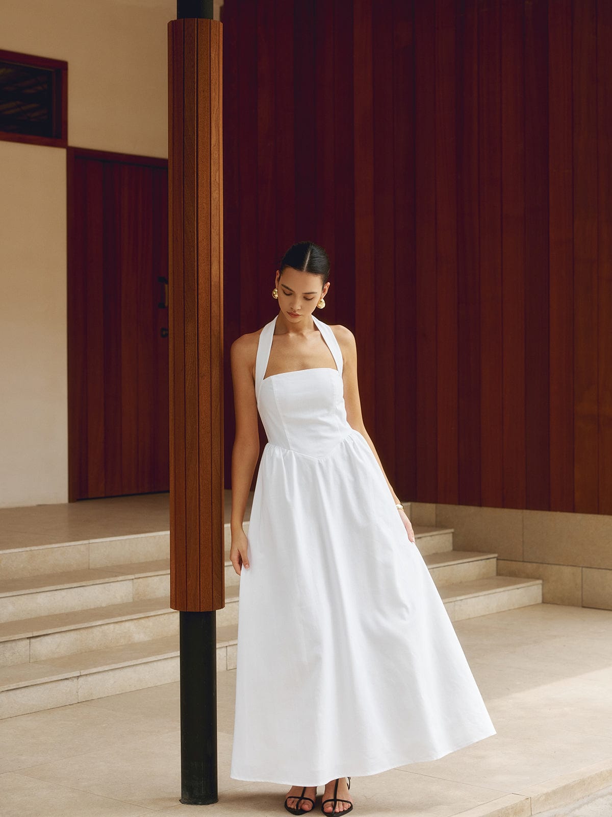 Women's Halter Neck Maxi Dress – Elegant Sleeveless Formal Fit, Floor Length, Lightweight Fabric