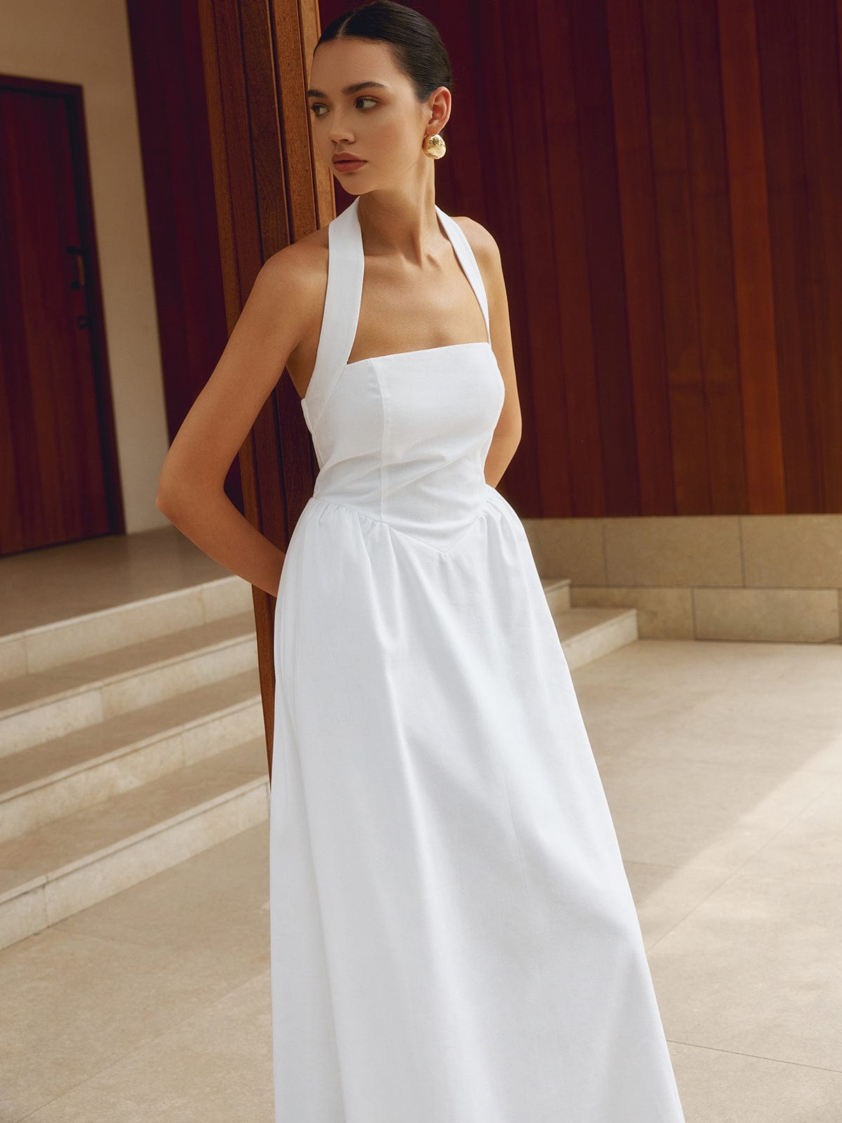 Women's Halter Neck Maxi Dress – Elegant Sleeveless Formal Fit, Floor Length, Lightweight Fabric